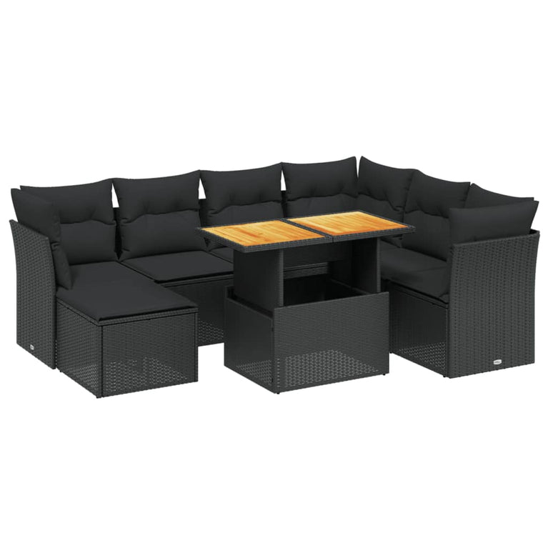 8-delige Loungeset met kussens poly rattan zwart