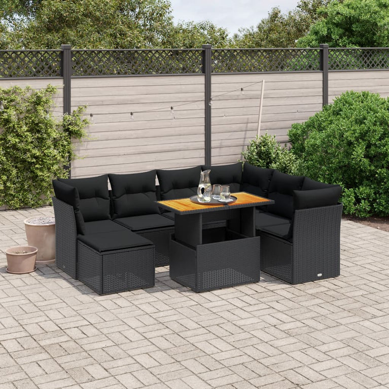 8-delige Loungeset met kussens poly rattan zwart