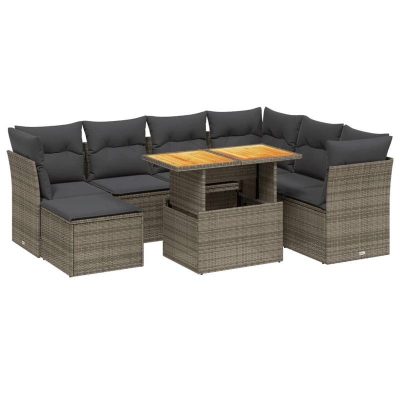 8-delige Loungeset met kussens poly rattan grijs