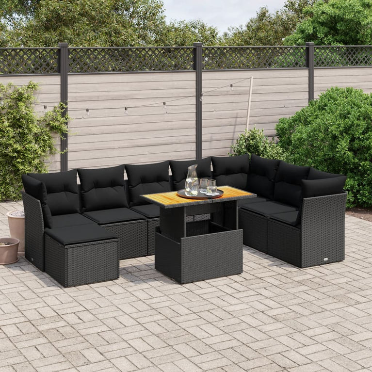 9-delige Loungeset met kussens poly rattan zwart