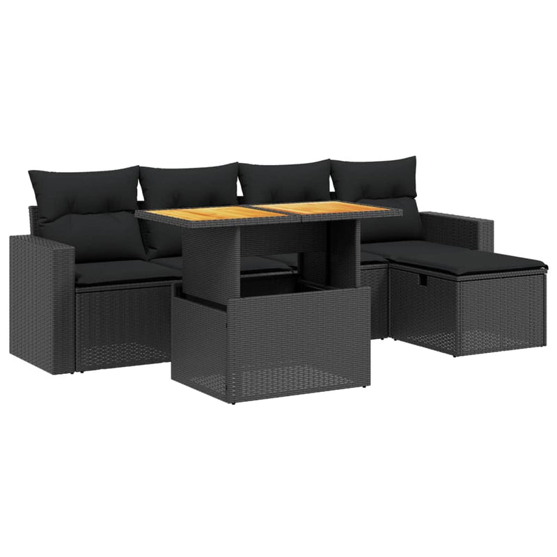 6-delige Loungeset met kussens poly rattan zwart