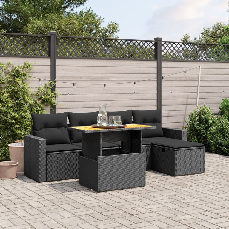6-delige Loungeset met kussens poly rattan zwart