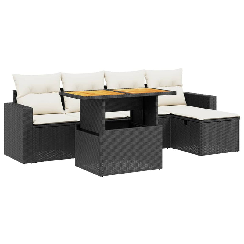 6-delige Loungeset met kussens poly rattan zwart