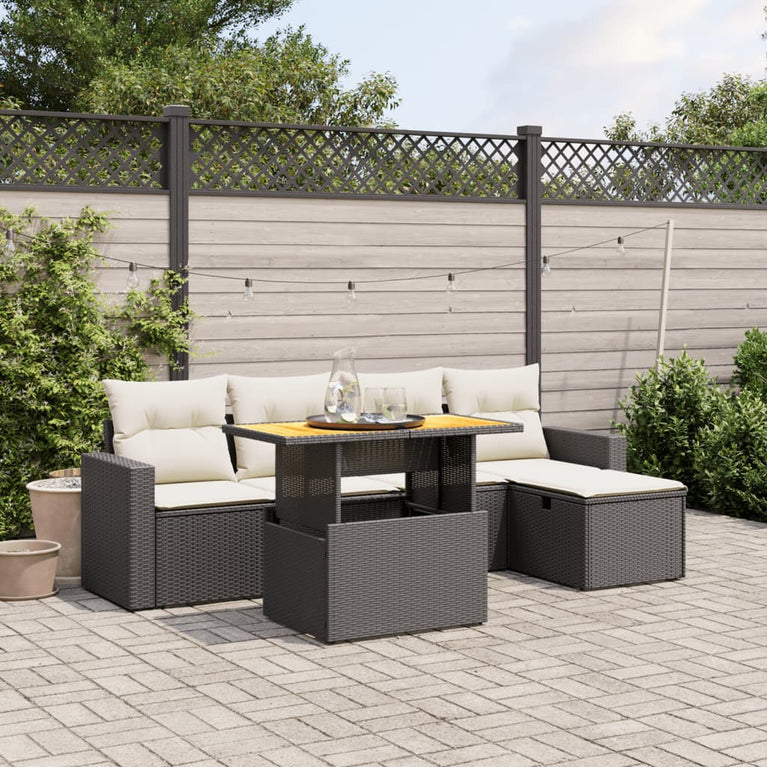 6-delige Loungeset met kussens poly rattan zwart