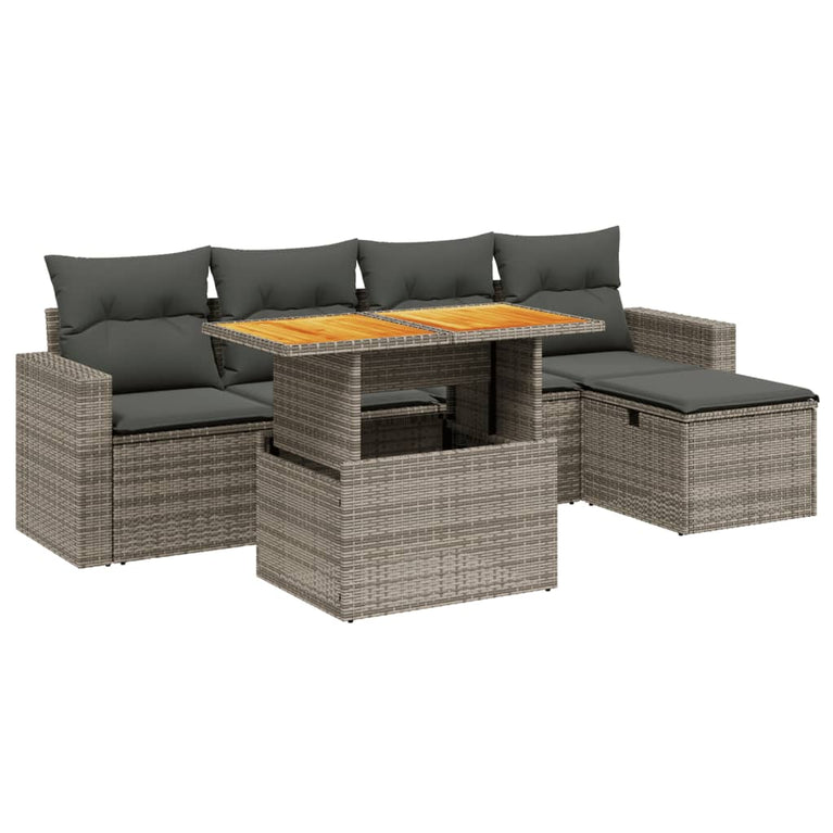 6-delige Loungeset met kussens poly rattan grijs