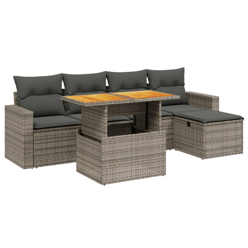 6-delige Loungeset met kussens poly rattan grijs