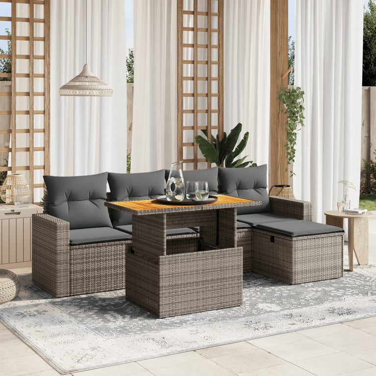 6-delige Loungeset met kussens poly rattan grijs