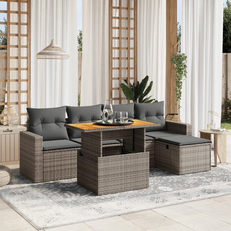 6-delige Loungeset met kussens poly rattan grijs