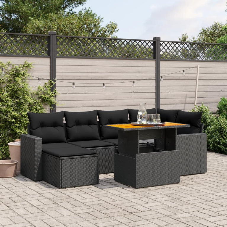 7-delige Loungeset met kussens poly rattan zwart