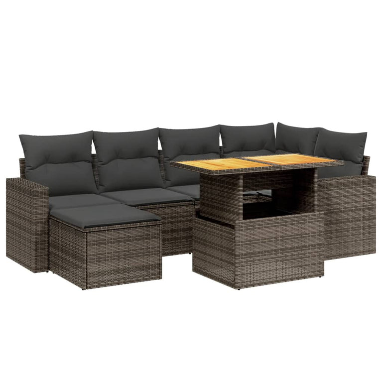 7-delige Loungeset met kussens poly rattan grijs