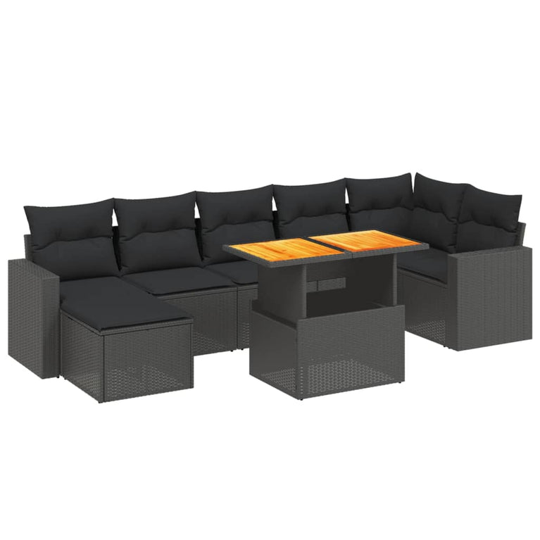 8-delige Loungeset met kussens poly rattan zwart