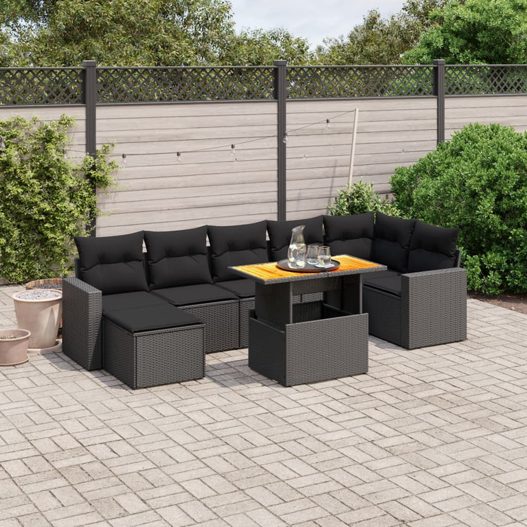 8-delige Loungeset met kussens poly rattan zwart