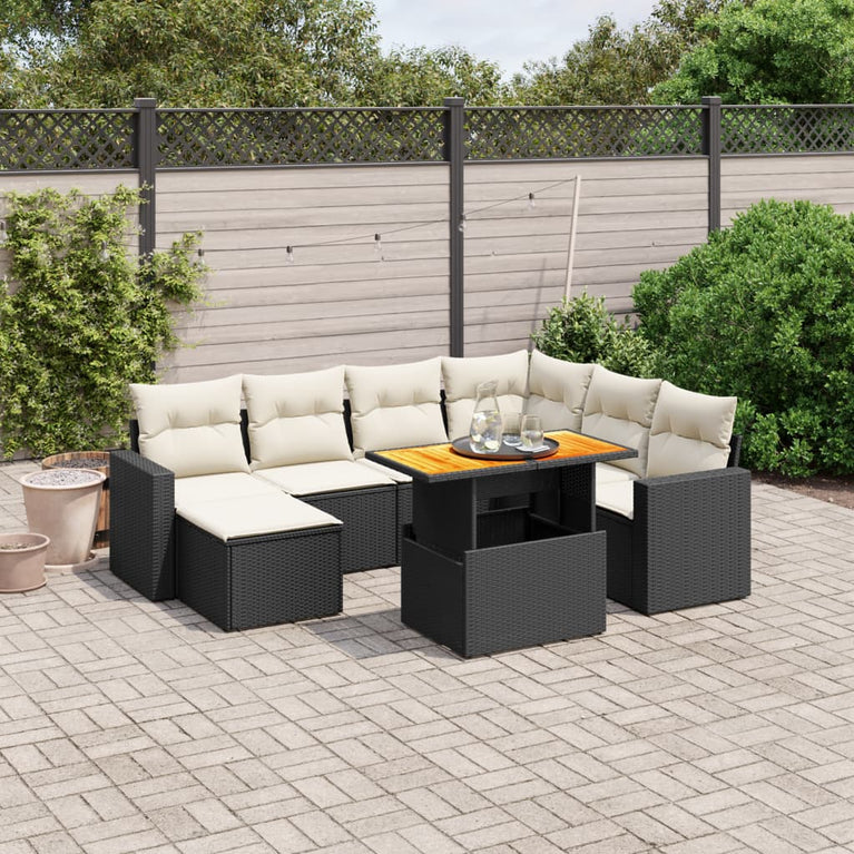 8-delige Loungeset met kussens poly rattan zwart