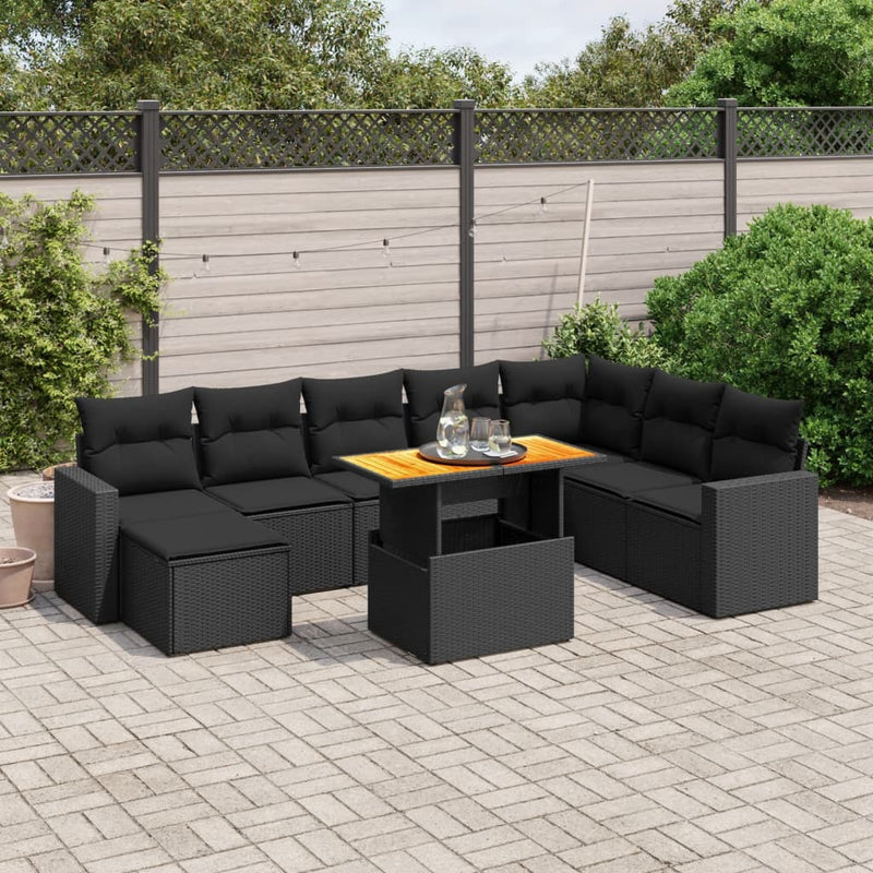 9-delige Loungeset met kussens poly rattan zwart