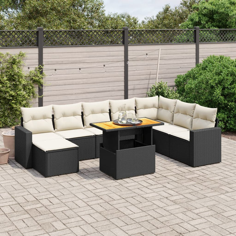 9-delige Loungeset met kussens poly rattan zwart