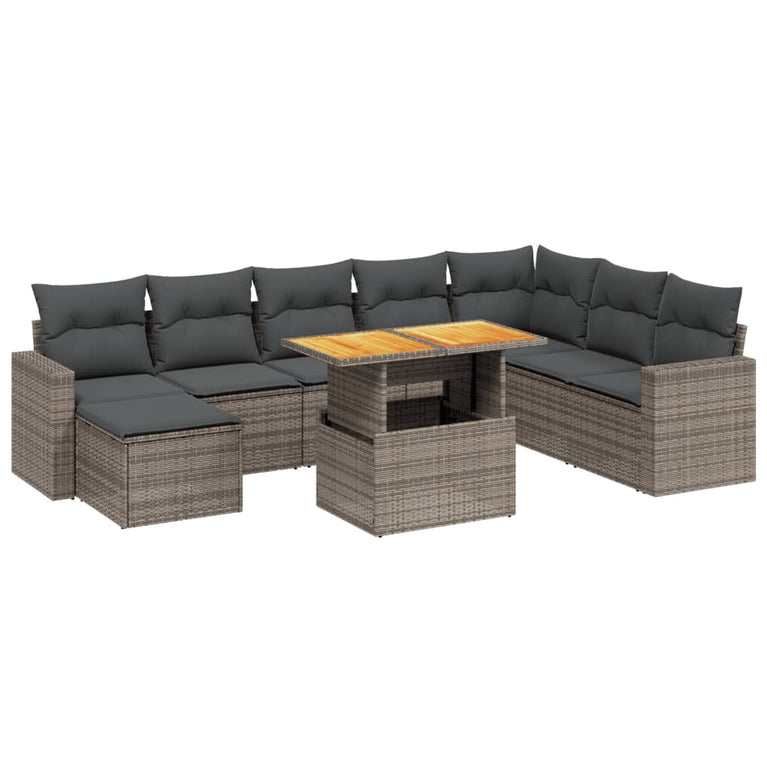 9-delige Loungeset met kussens poly rattan grijs