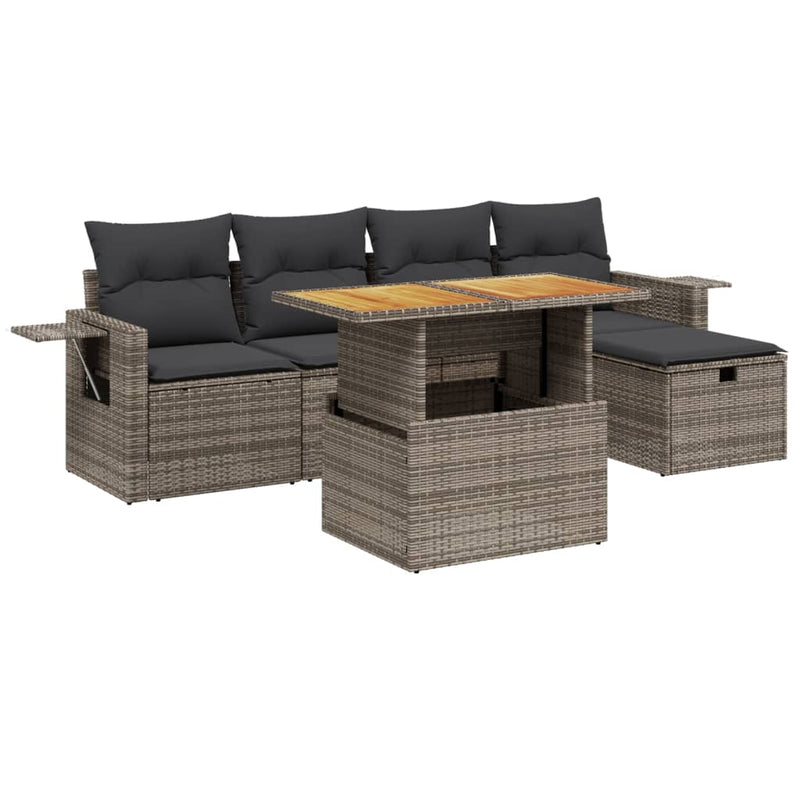 6-delige Loungeset met kussens poly rattan grijs