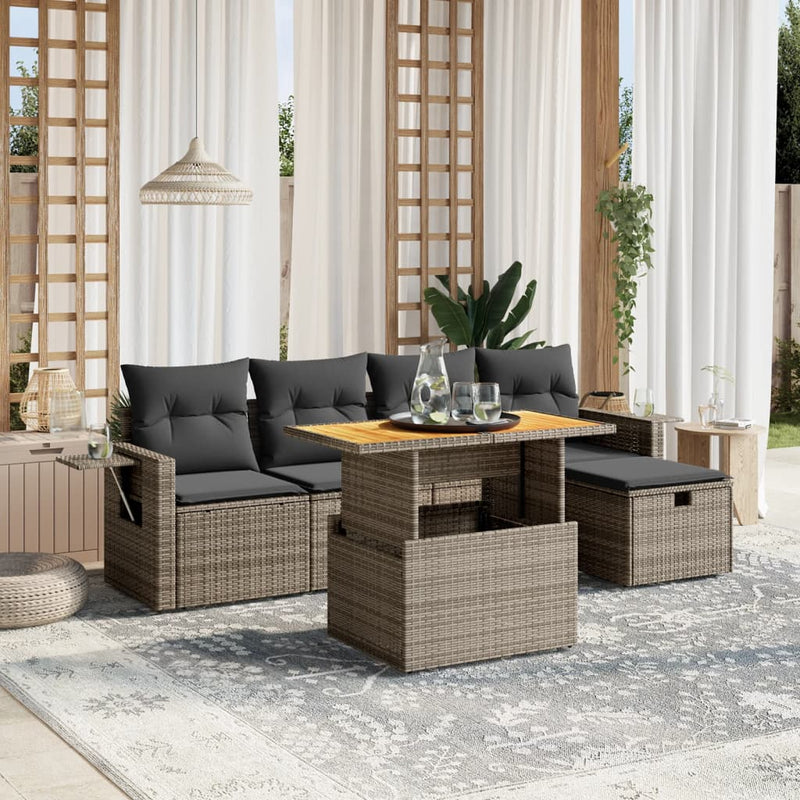 6-delige Loungeset met kussens poly rattan grijs