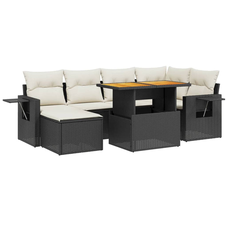 7-delige Loungeset met kussens poly rattan zwart