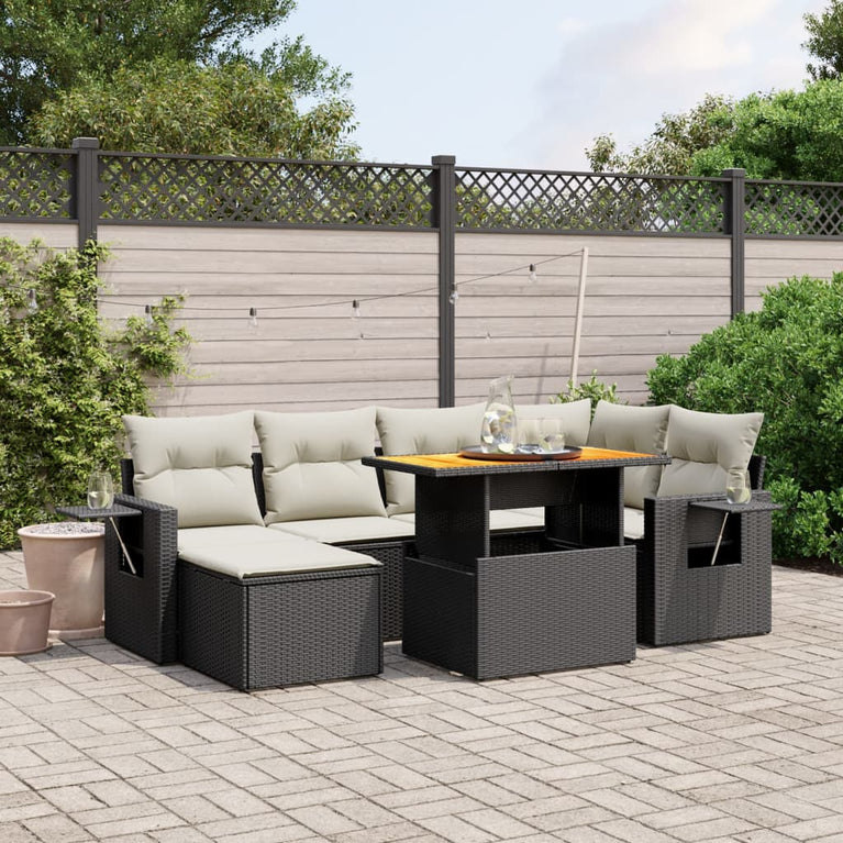 7-delige Loungeset met kussens poly rattan zwart