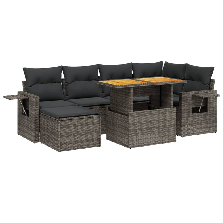 7-delige Loungeset met kussens poly rattan grijs
