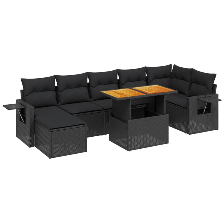 8-delige Loungeset met kussens poly rattan zwart