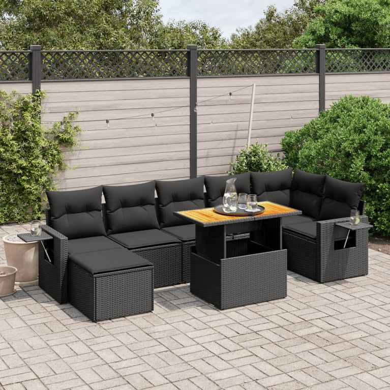 8-delige Loungeset met kussens poly rattan zwart