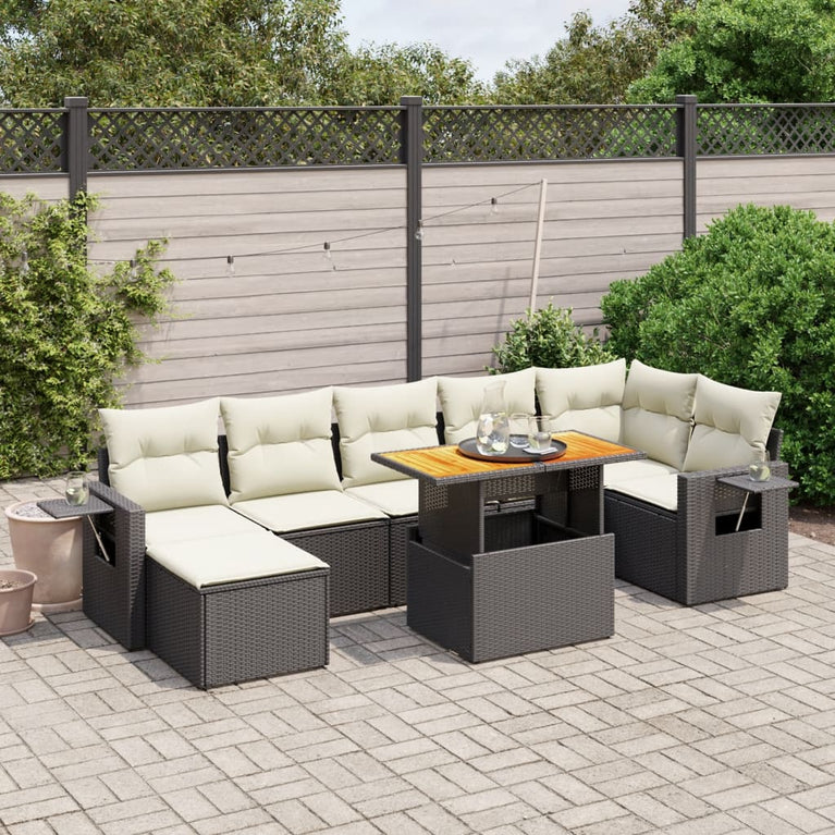8-delige Loungeset met kussens poly rattan zwart