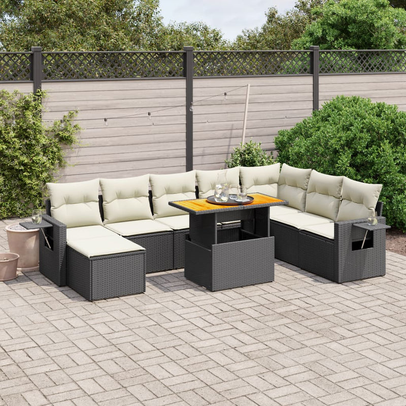9-delige Loungeset met kussens poly rattan zwart