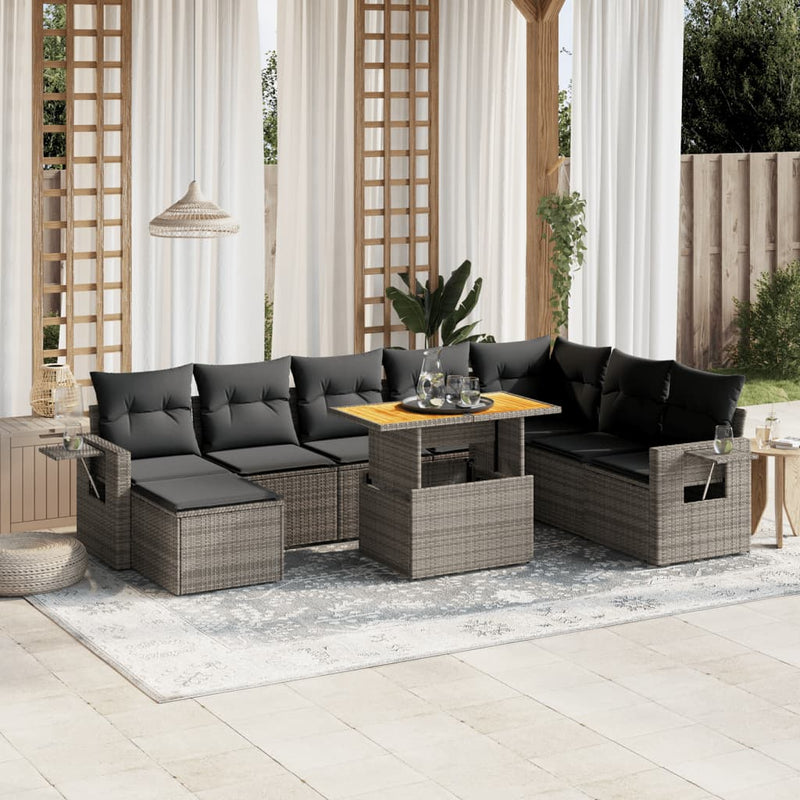 9-delige Loungeset met kussens poly rattan grijs