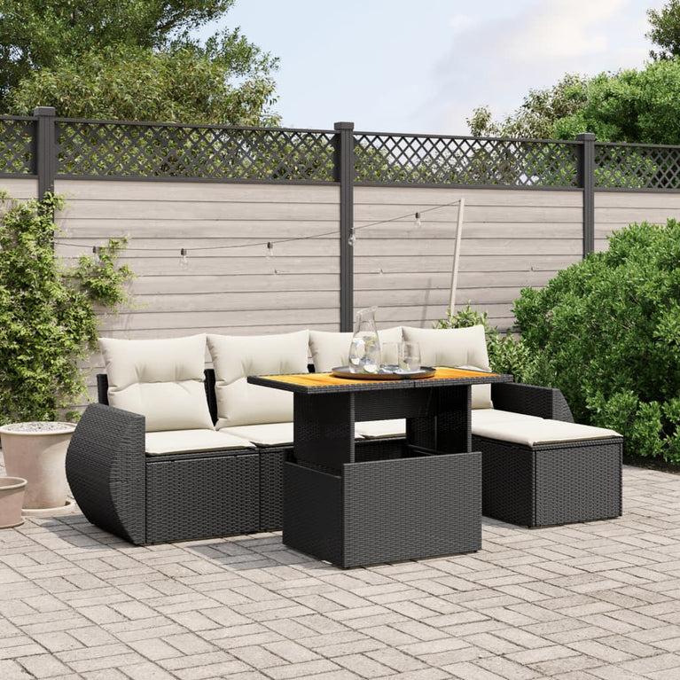 6-delige Loungeset met kussens poly rattan zwart