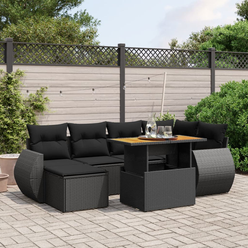 7-delige Loungeset met kussens poly rattan zwart