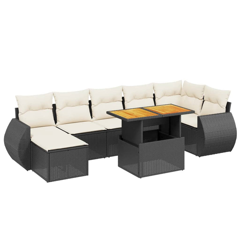 8-delige Loungeset met kussens poly rattan zwart
