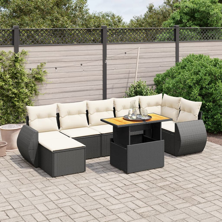 8-delige Loungeset met kussens poly rattan zwart