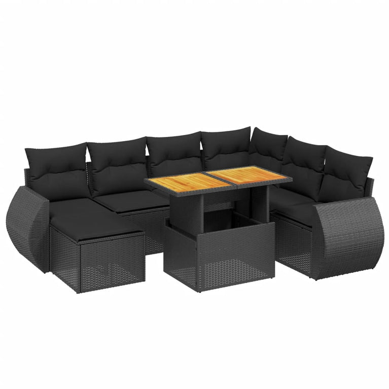 8-delige Loungeset met kussens poly rattan zwart