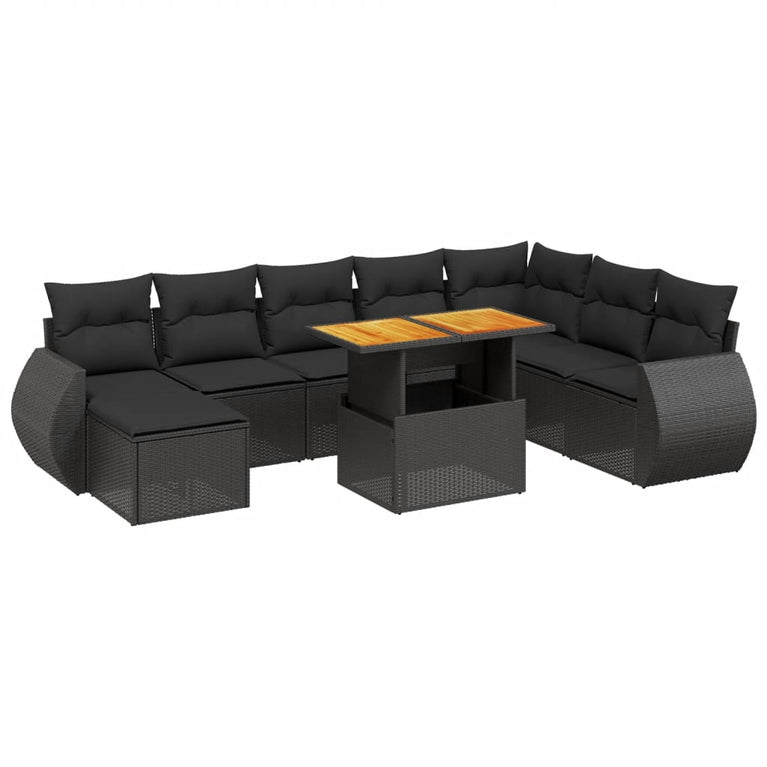 9-delige Loungeset met kussens poly rattan zwart