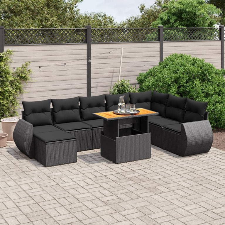 9-delige Loungeset met kussens poly rattan zwart