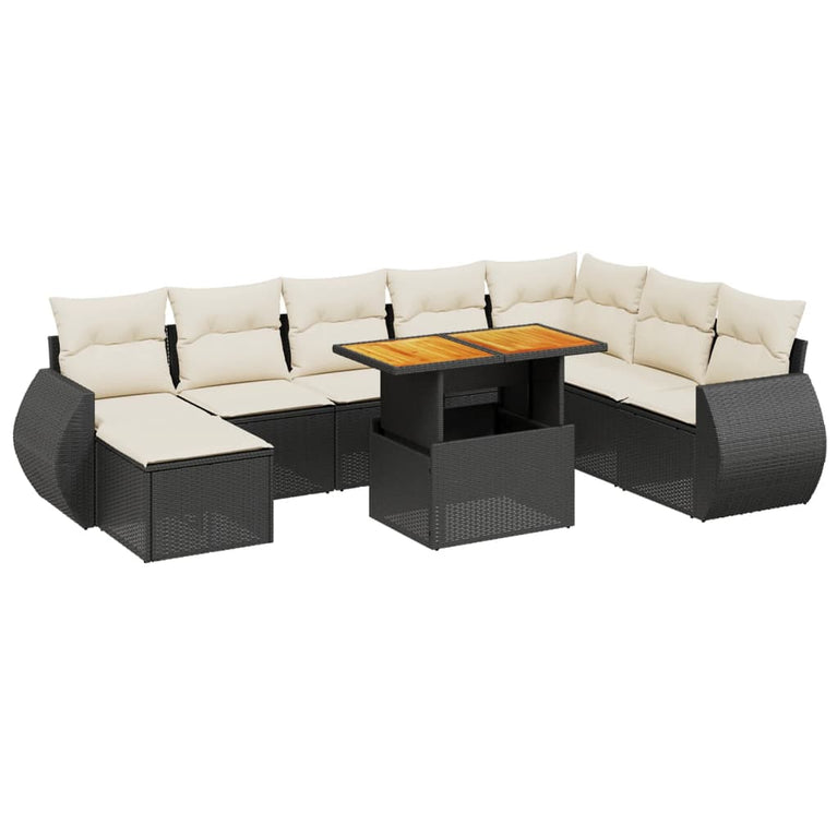 9-delige Loungeset met kussens poly rattan zwart