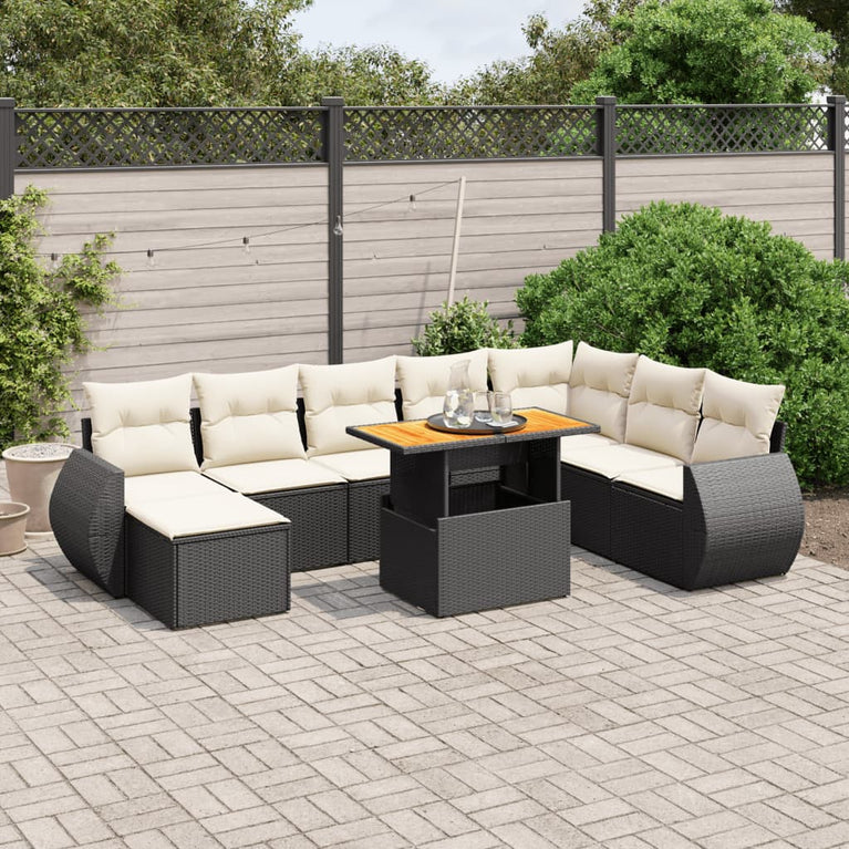 9-delige Loungeset met kussens poly rattan zwart