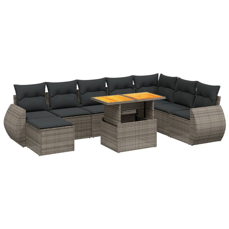 9-delige Loungeset met kussens poly rattan grijs