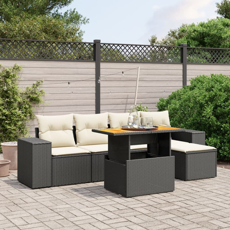 6-delige Loungeset met kussens poly rattan zwart