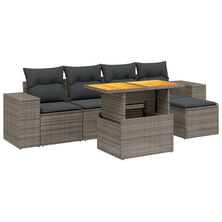 6-delige Loungeset met kussens poly rattan grijs