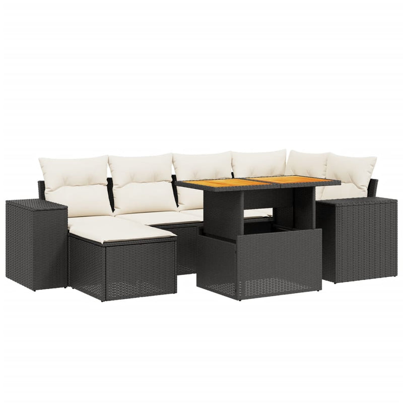 7-delige Loungeset met kussens poly rattan zwart