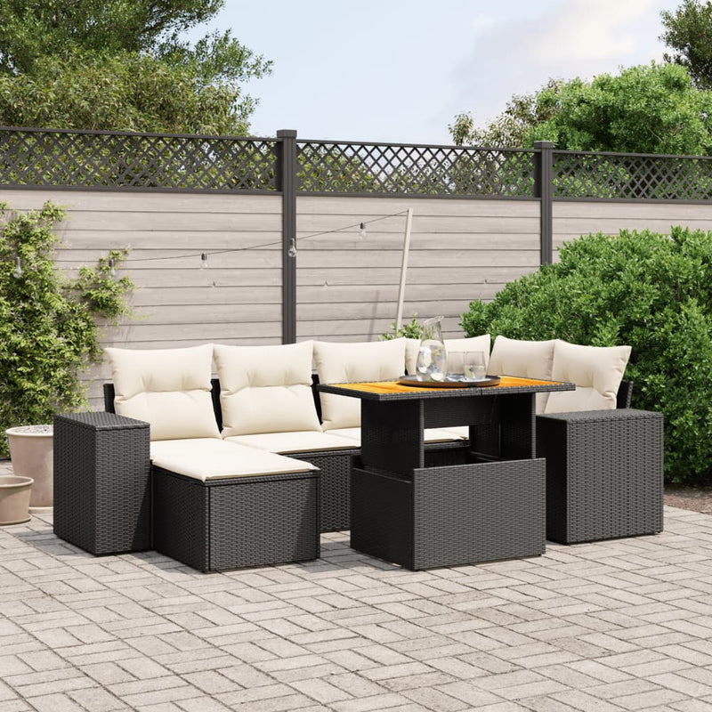 7-delige Loungeset met kussens poly rattan zwart