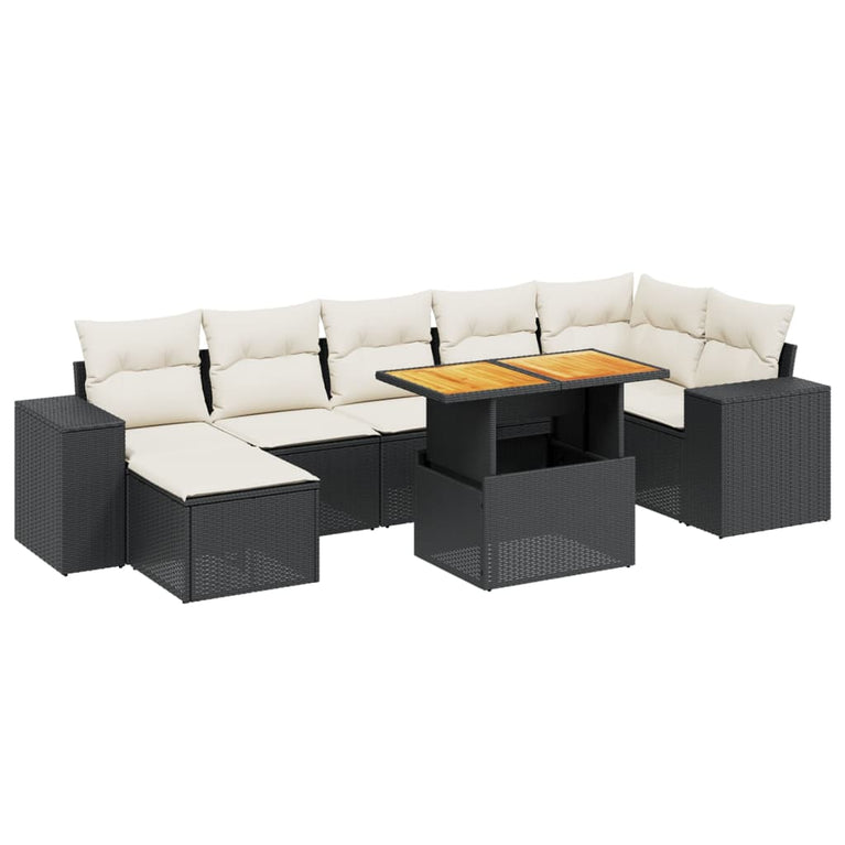 8-delige Loungeset met kussens poly rattan zwart