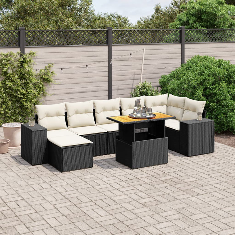 8-delige Loungeset met kussens poly rattan zwart