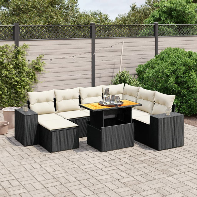 8-delige Loungeset met kussens poly rattan zwart