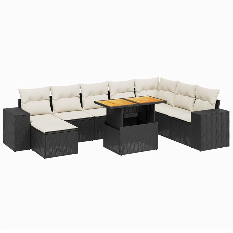 9-delige Loungeset met kussens poly rattan zwart
