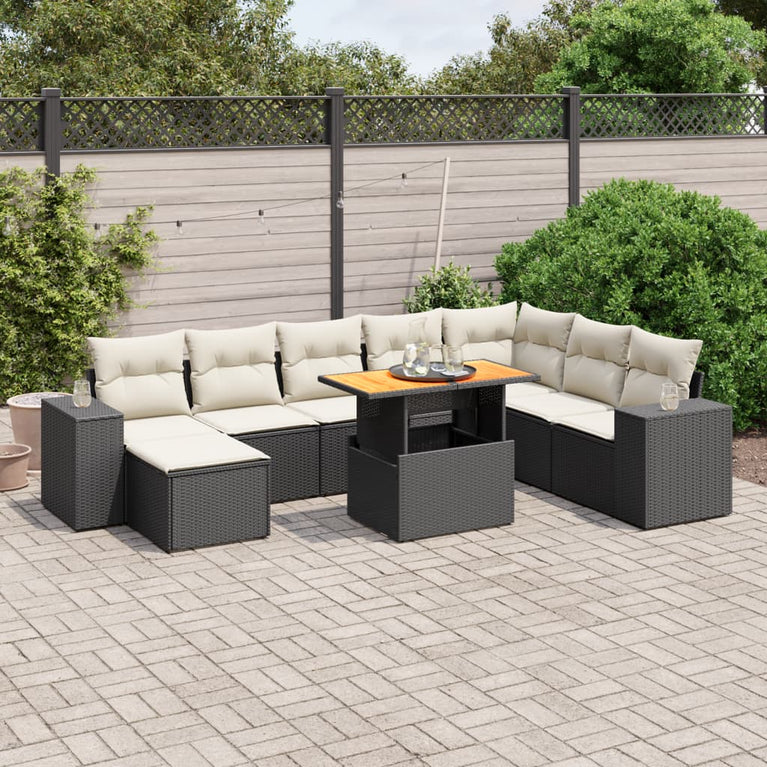 9-delige Loungeset met kussens poly rattan zwart