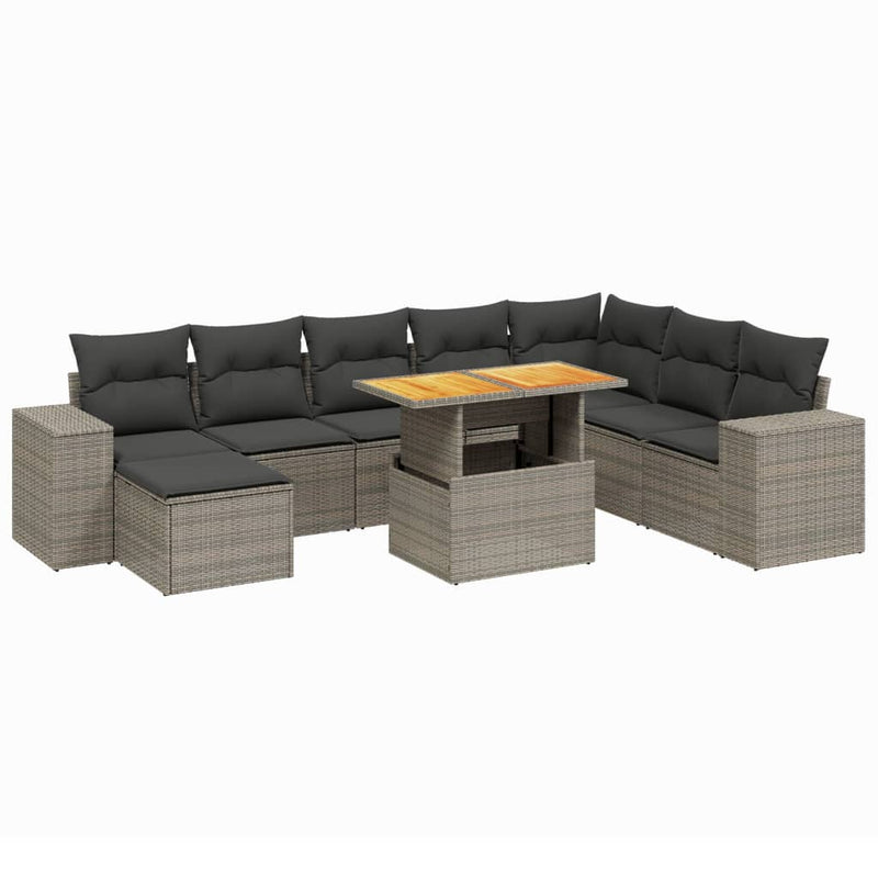 9-delige Loungeset met kussens poly rattan grijs